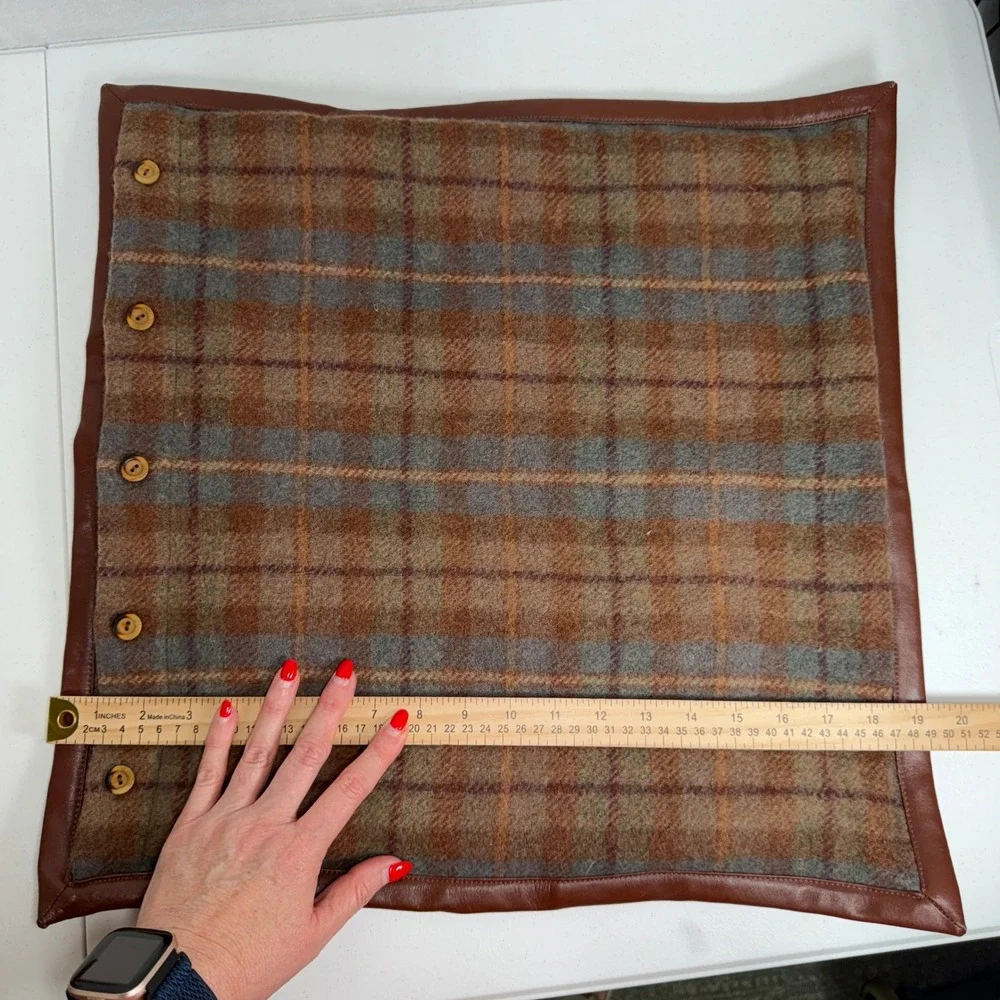VTG Ralph Lauren Pillow Sham Bedford Hunt Plaid Wool Leather Trim Wood Buttons